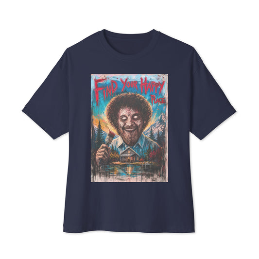 Navy oversized boxy tee with the 'Find Your Happy Place' goth graphic: a zombie painter with a curly afro holding a paintbrush in front of a lakeside cabin, with the words "Find your happy place"