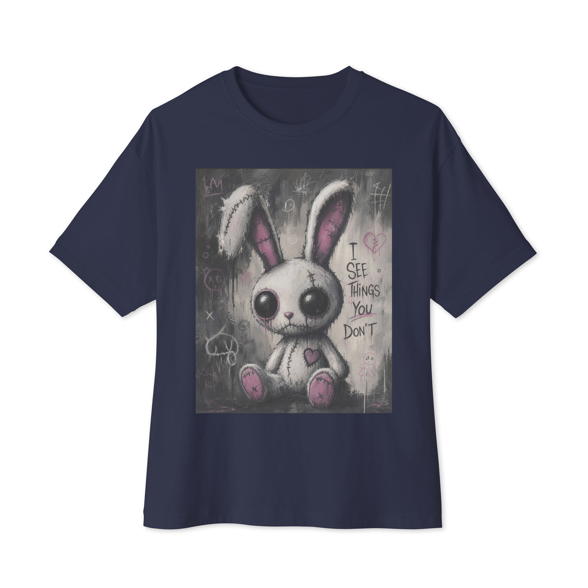 Navy oversized boxy tee with the 'I See Things You Don't' goth graphic: a stitched white bunny with hollow eyes, with the words "I see things you don't"