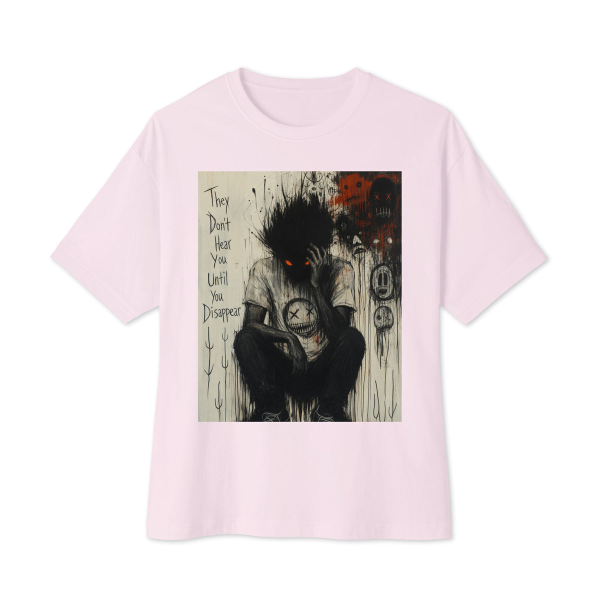 Soft pink oversized boxy tee with the 'To Late' goth graphic: a shadowy, wild-haired figure with glowing red eyes hunched over, with the words "They don't hear you until you disappear"