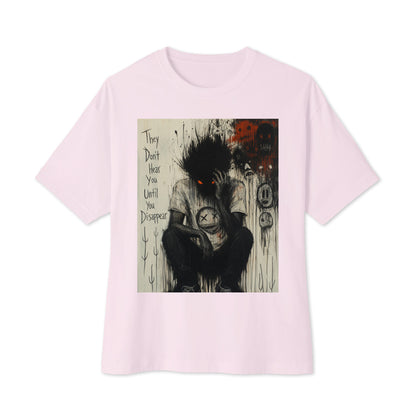 Soft pink oversized boxy tee with the 'To Late' goth graphic: a shadowy, wild-haired figure with glowing red eyes hunched over, with the words "They don't hear you until you disappear"