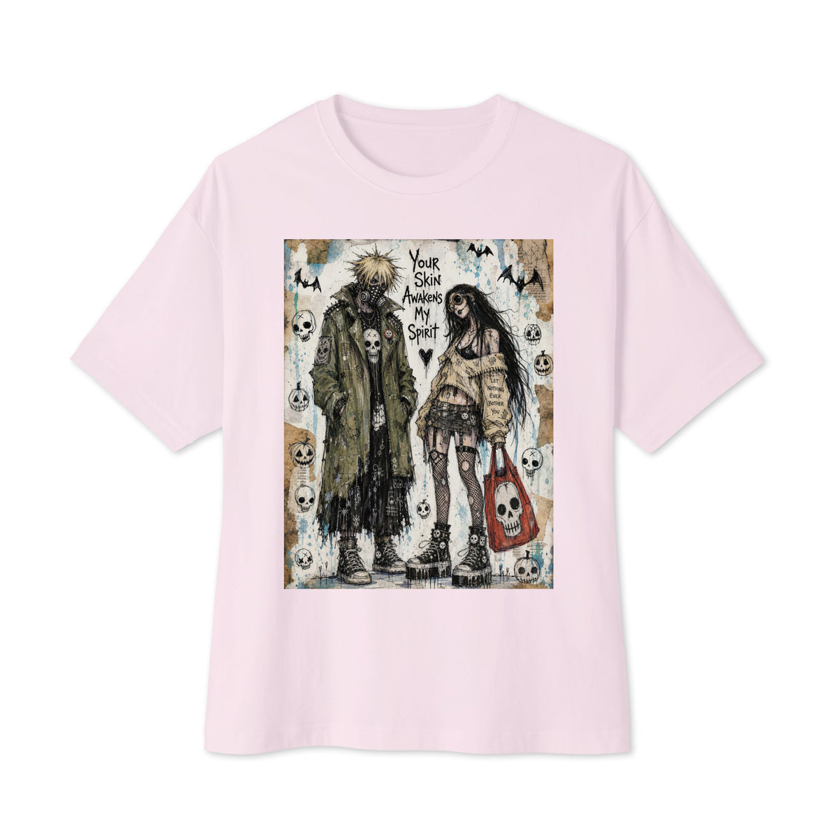 Soft pink oversized boxy tee with the 'Your Skin Awakens My Spirit' goth graphic: a grunge zombie couple standing together, with the words "Your skin awakens my spirit"
