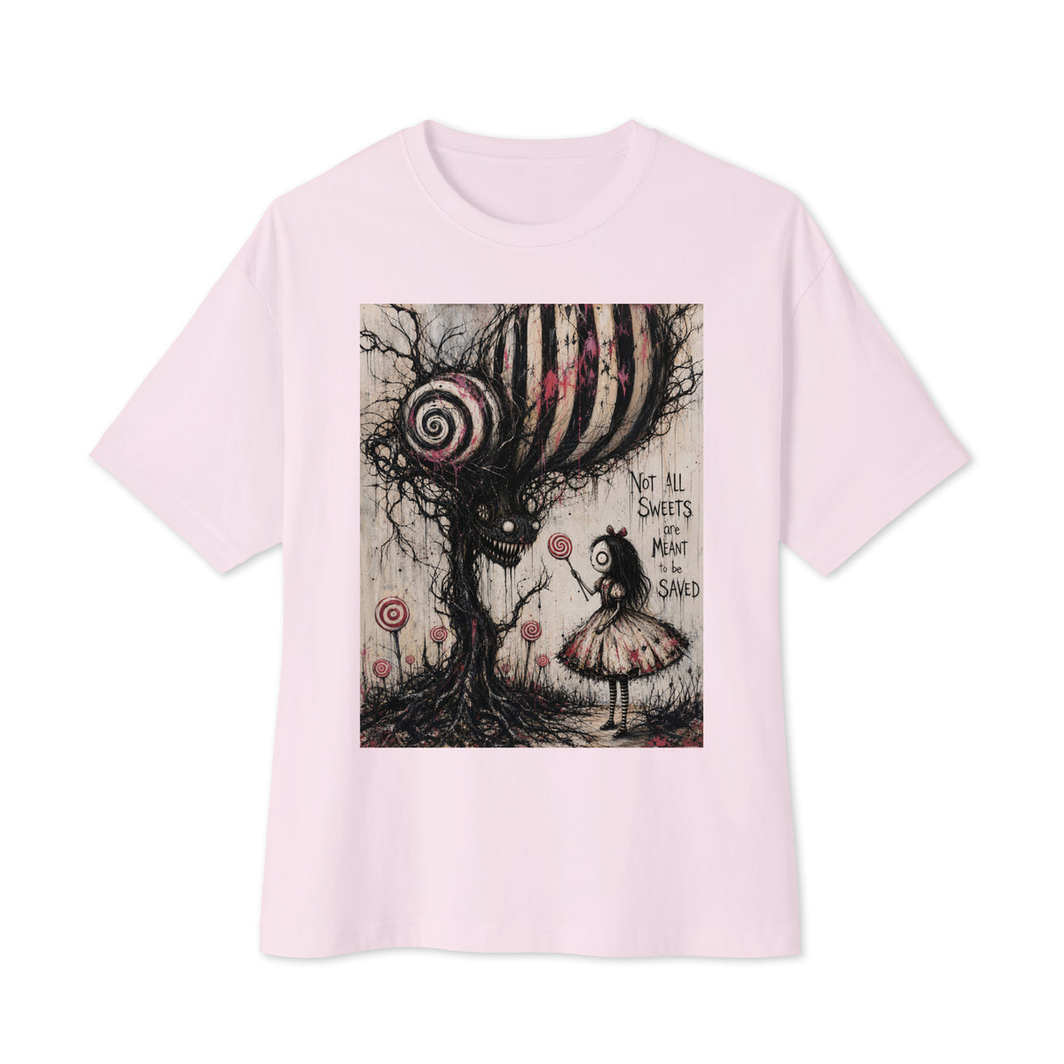 Soft pink oversized boxy tee with the 'Sweet Tooth' goth graphic: a girl with a lollipop facing a creepy candy-striped tree monster, with the words "Not all sweets are meant to be saved"