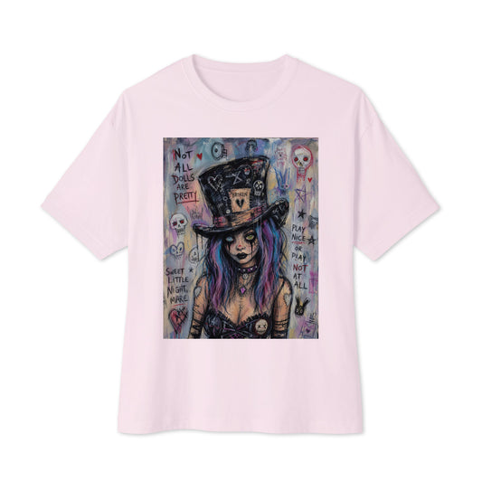 Soft pink oversized boxy tee with the 'The Real Alice' goth graphic: a goth girl with blue and purple hair in a patched top hat, with the words "Not all dolls are pretty"