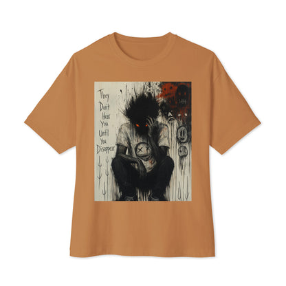 Toast oversized boxy tee with the 'To Late' goth graphic: a shadowy, wild-haired figure with glowing red eyes hunched over, with the words "They don't hear you until you disappear"