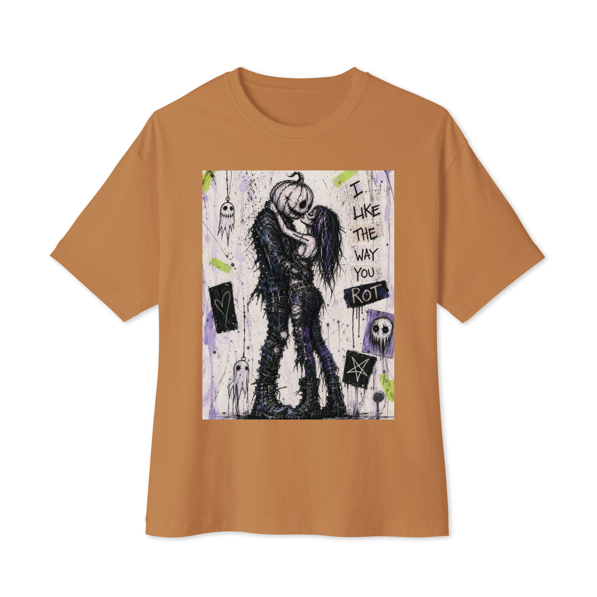 Toast oversized boxy tee with the 'I Like The Way You Rot' goth graphic: a pumpkin-headed zombie kissing a purple-haired goth girl, with the words "I like the way you rot"