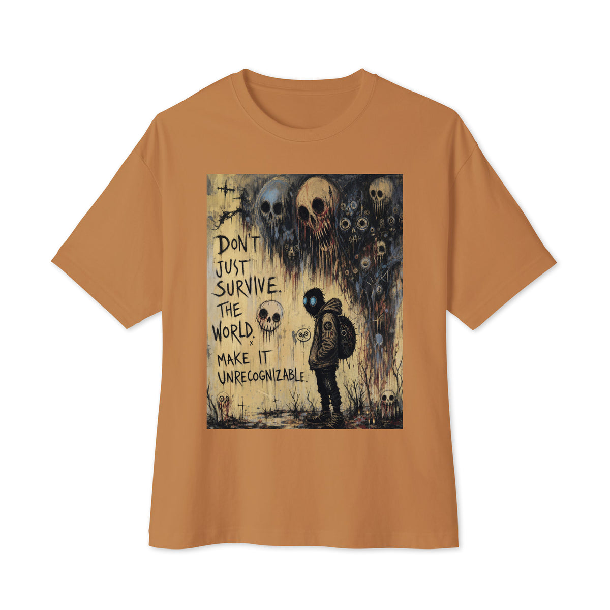 Toast oversized boxy tee with the 'World Changer' goth graphic: a hooded figure beneath looming skulls, with the words "Don't just survive the world, make it unrecognizable"