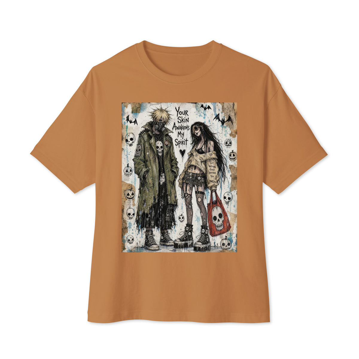 Toast oversized boxy tee with the 'Your Skin Awakens My Spirit' goth graphic: a grunge zombie couple standing together, with the words "Your skin awakens my spirit"