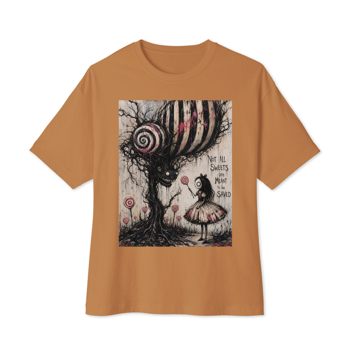 Toast oversized boxy tee with the 'Sweet Tooth' goth graphic: a girl with a lollipop facing a creepy candy-striped tree monster, with the words "Not all sweets are meant to be saved"