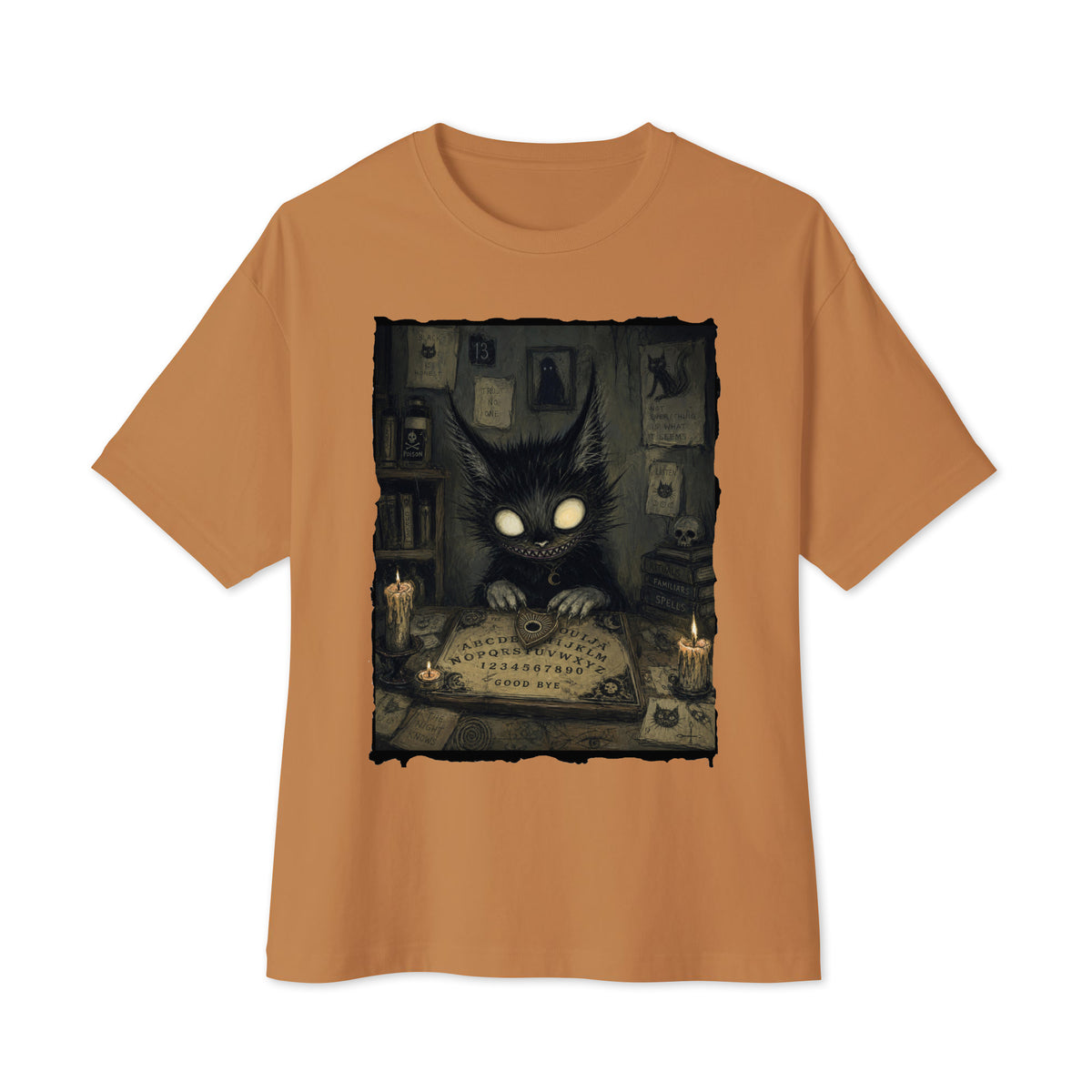 Toast oversized boxy tee with the 'Free Readings' goth graphic: a wide-eyed black cat creature at a Ouija board surrounded by candles