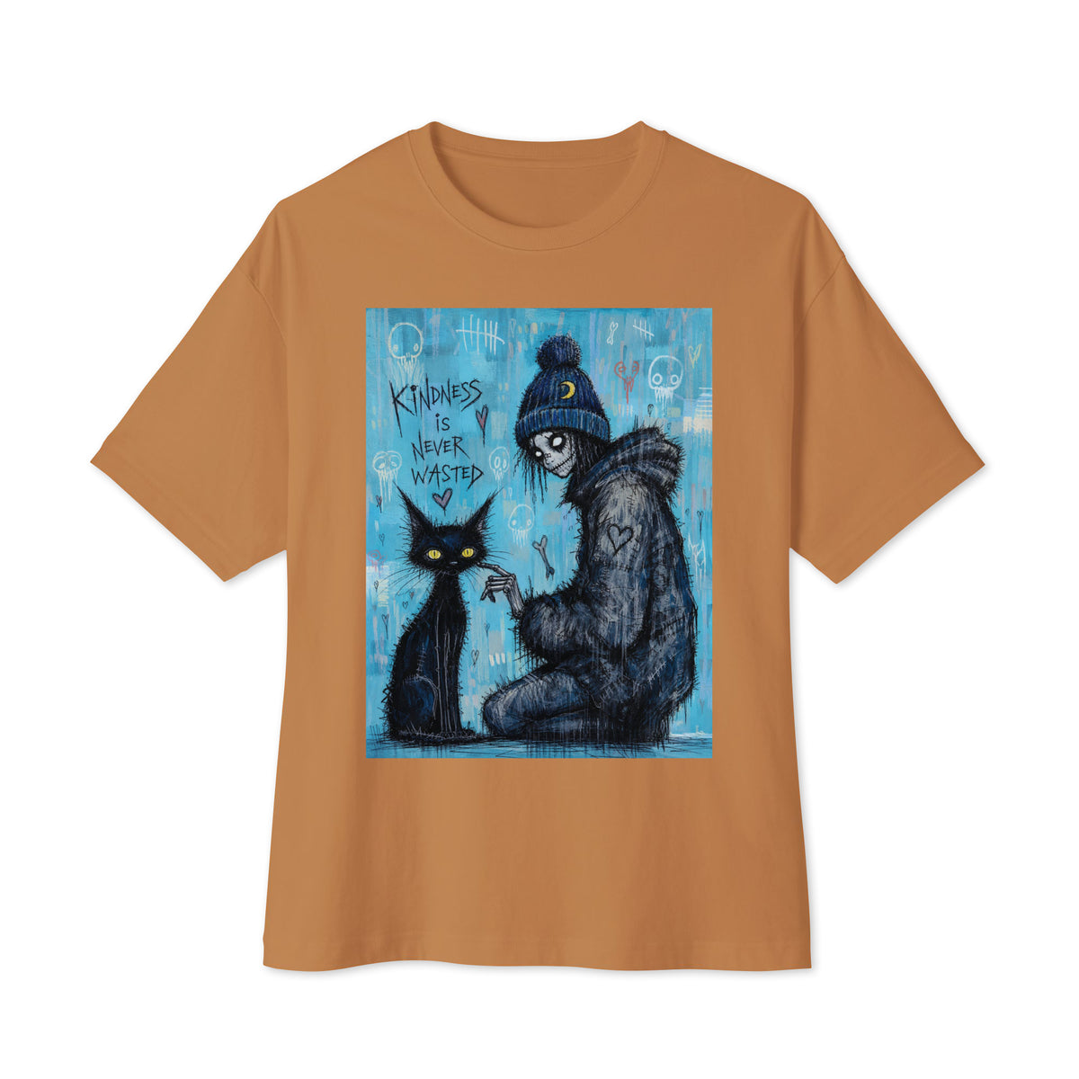 Toast oversized boxy tee with the 'Kindness Is Never Wasted' goth graphic: a girl in a moon beanie petting a black cat on a blue background, with the words "Kindness is never wasted"