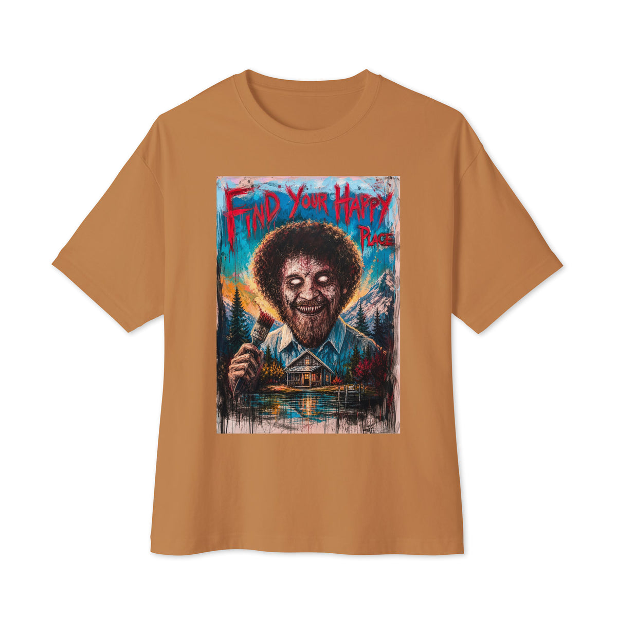 Toast oversized boxy tee with the 'Find Your Happy Place' goth graphic: a zombie painter with a curly afro holding a paintbrush in front of a lakeside cabin, with the words "Find your happy place"