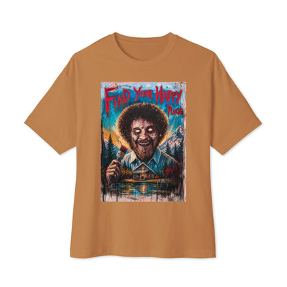 Toast oversized boxy tee with the 'Find Your Happy Place' goth graphic: a zombie painter with a curly afro holding a paintbrush in front of a lakeside cabin, with the words "Find your happy place"