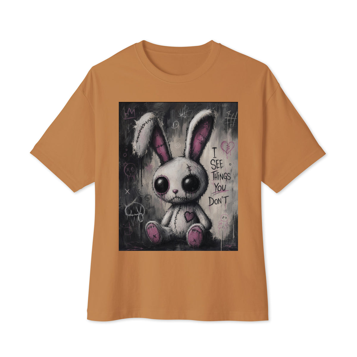 Toast oversized boxy tee with the 'I See Things You Don't' goth graphic: a stitched white bunny with hollow eyes, with the words "I see things you don't"