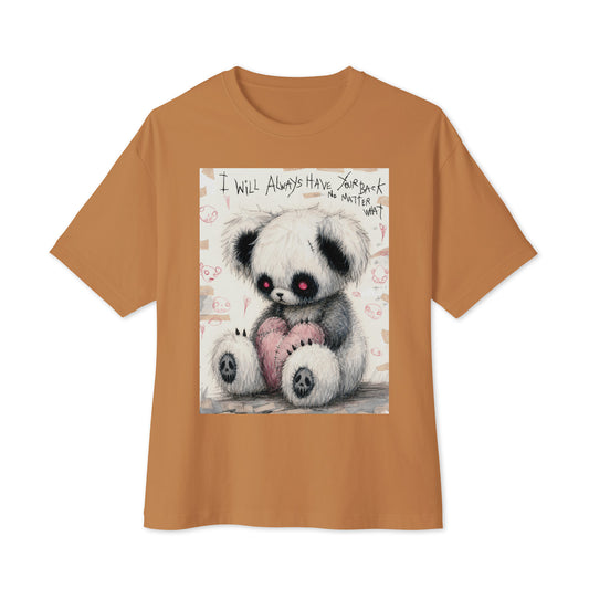 Toast oversized boxy tee with the 'Always Got Your Back' goth graphic: a stitched panda-style teddy bear holding a pink heart, with the words "I will always have your back no matter what"