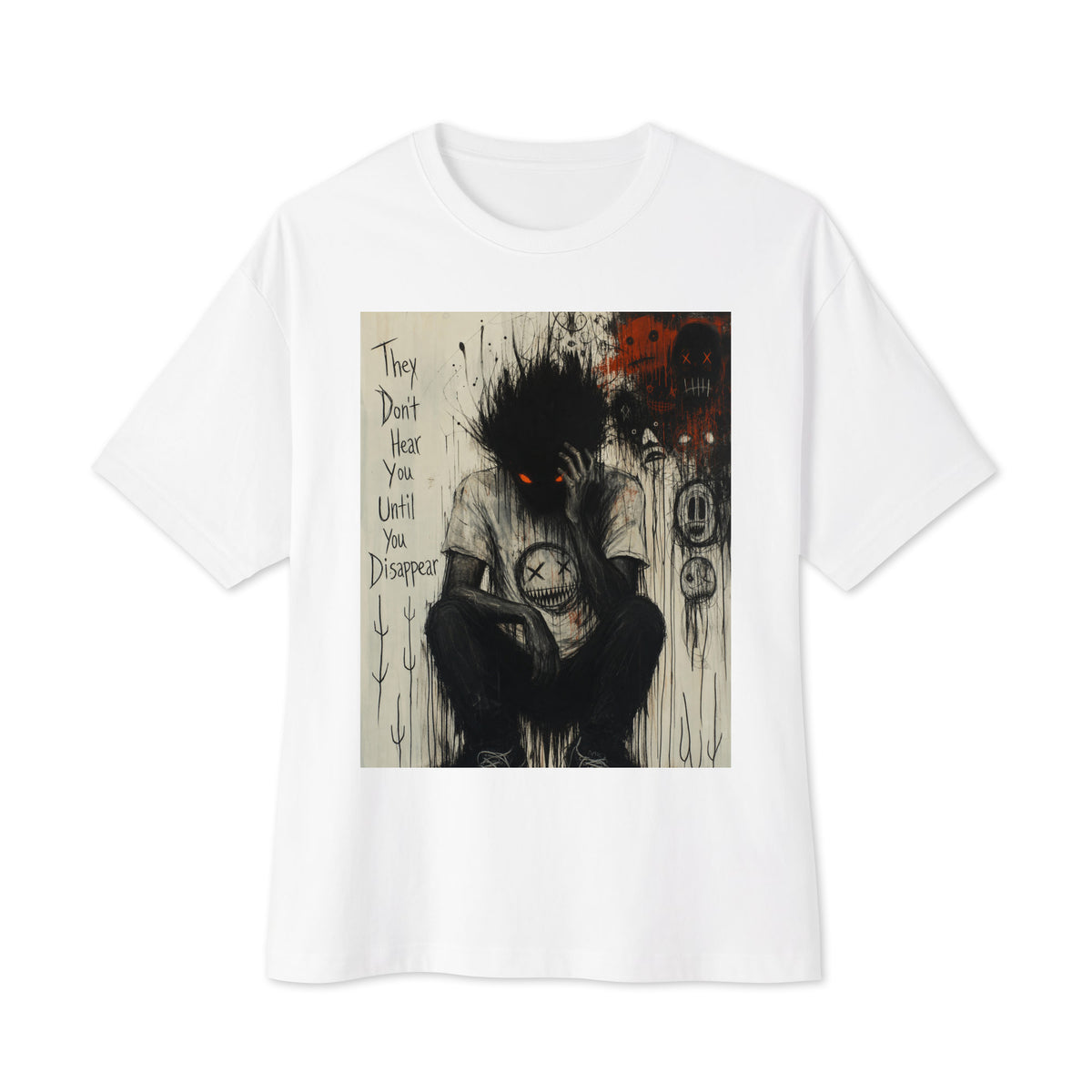 White oversized boxy tee with the 'To Late' goth graphic: a shadowy, wild-haired figure with glowing red eyes hunched over, with the words "They don't hear you until you disappear"