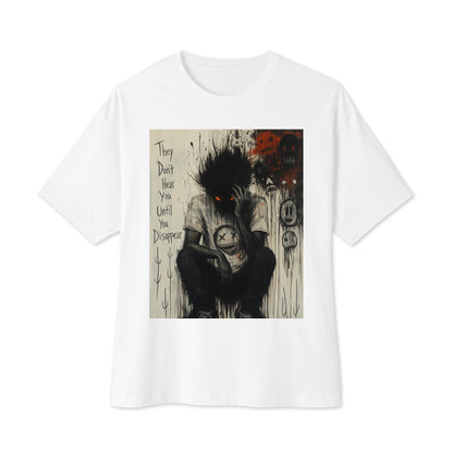 White oversized boxy tee with the 'To Late' goth graphic: a shadowy, wild-haired figure with glowing red eyes hunched over, with the words "They don't hear you until you disappear"
