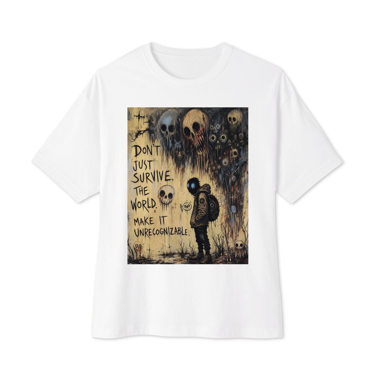 White oversized boxy tee with the 'World Changer' goth graphic: a hooded figure beneath looming skulls, with the words "Don't just survive the world, make it unrecognizable"