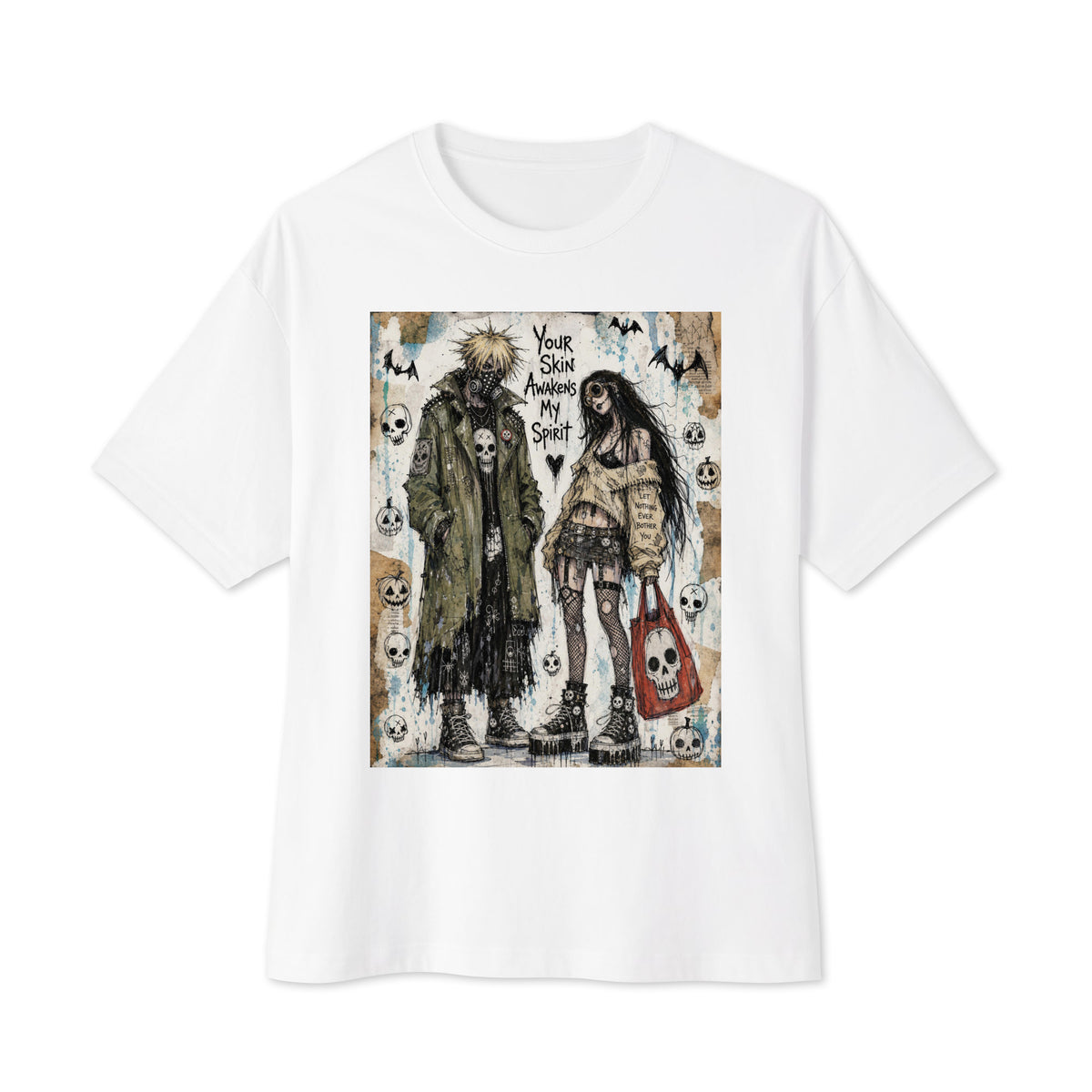 White oversized boxy tee with the 'Your Skin Awakens My Spirit' goth graphic: a grunge zombie couple standing together, with the words "Your skin awakens my spirit"