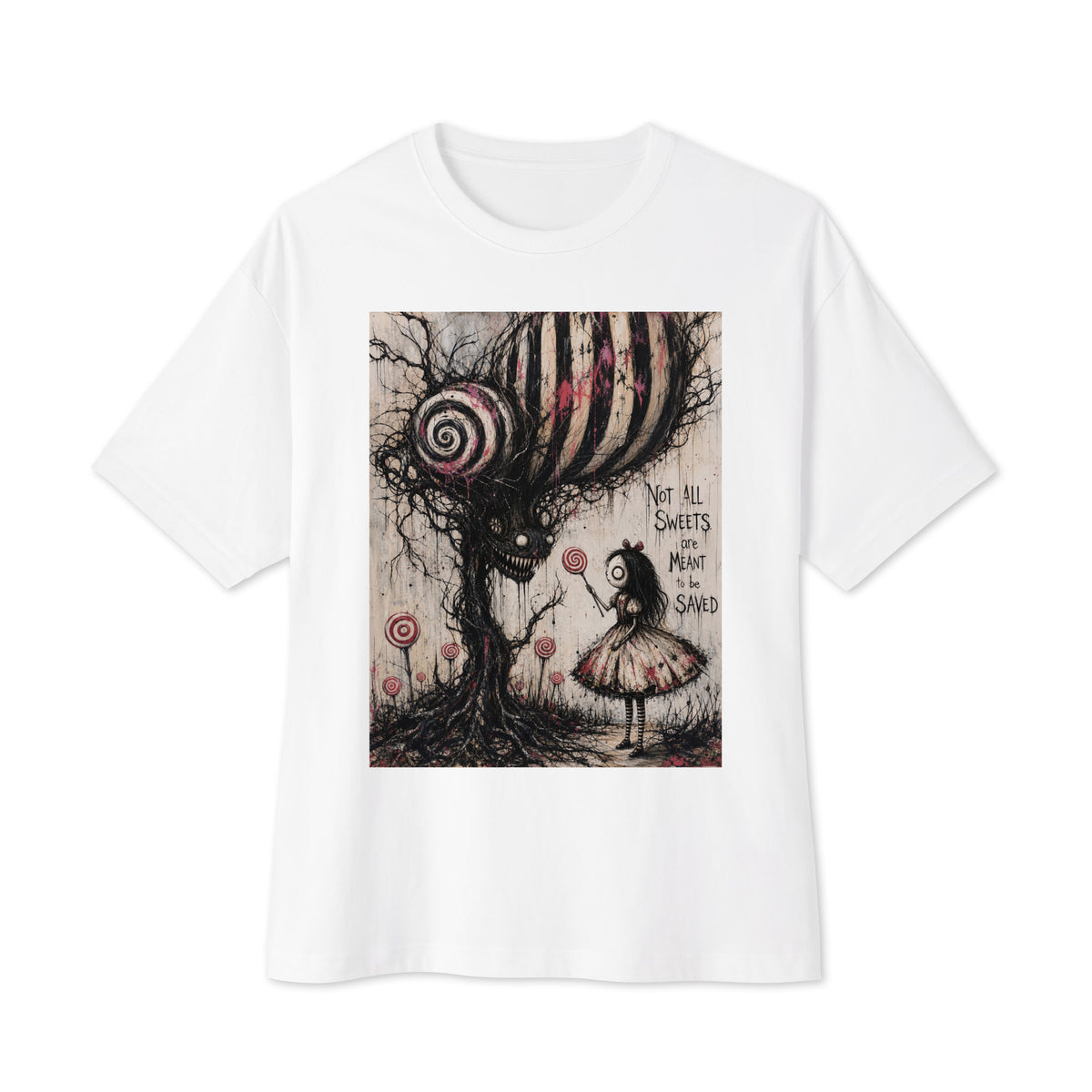 White oversized boxy tee with the 'Sweet Tooth' goth graphic: a girl with a lollipop facing a creepy candy-striped tree monster, with the words "Not all sweets are meant to be saved"