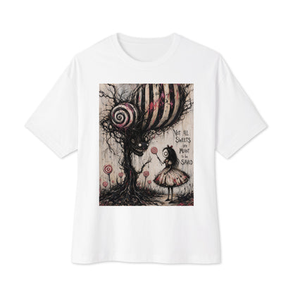 White oversized boxy tee with the 'Sweet Tooth' goth graphic: a girl with a lollipop facing a creepy candy-striped tree monster, with the words "Not all sweets are meant to be saved"
