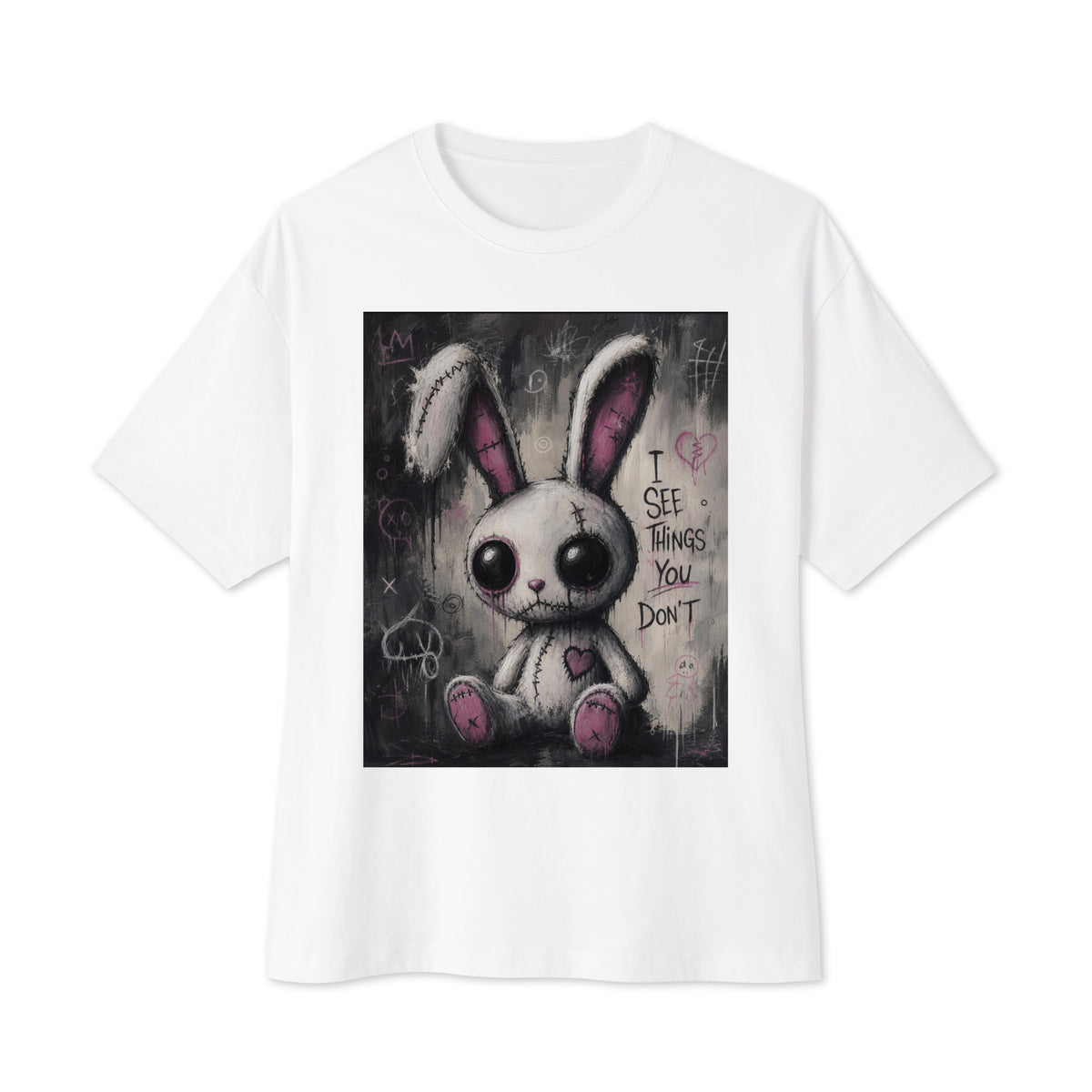 White oversized boxy tee with the 'I See Things You Don't' goth graphic: a stitched white bunny with hollow eyes, with the words "I see things you don't"