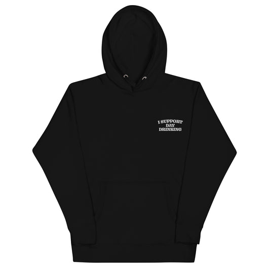 Black unisex hoodie with embroidered chest text and front kangaroo pocket