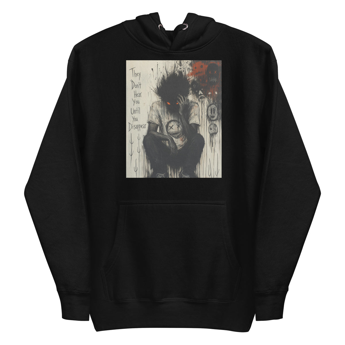 Black pullover hoodie with the 'To Late' goth graphic: a shadowy, wild-haired figure with glowing red eyes hunched over, with the words "They don't hear you until you disappear"