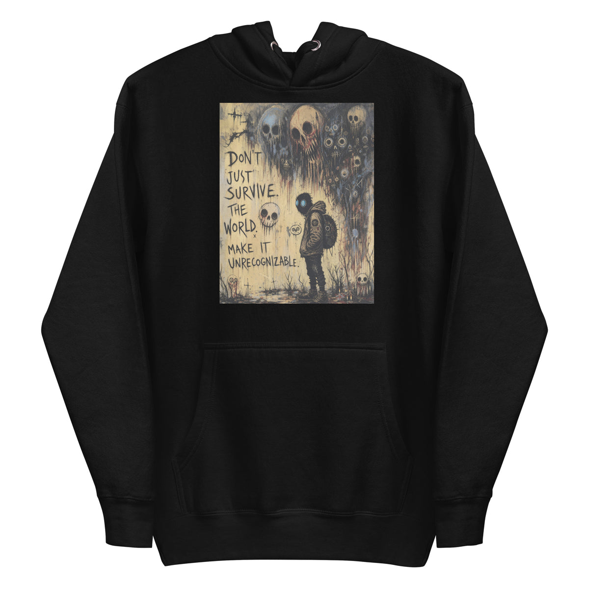 Black pullover hoodie with the 'World Changer' goth graphic: a hooded figure beneath looming skulls, with the words "Don't just survive the world, make it unrecognizable"