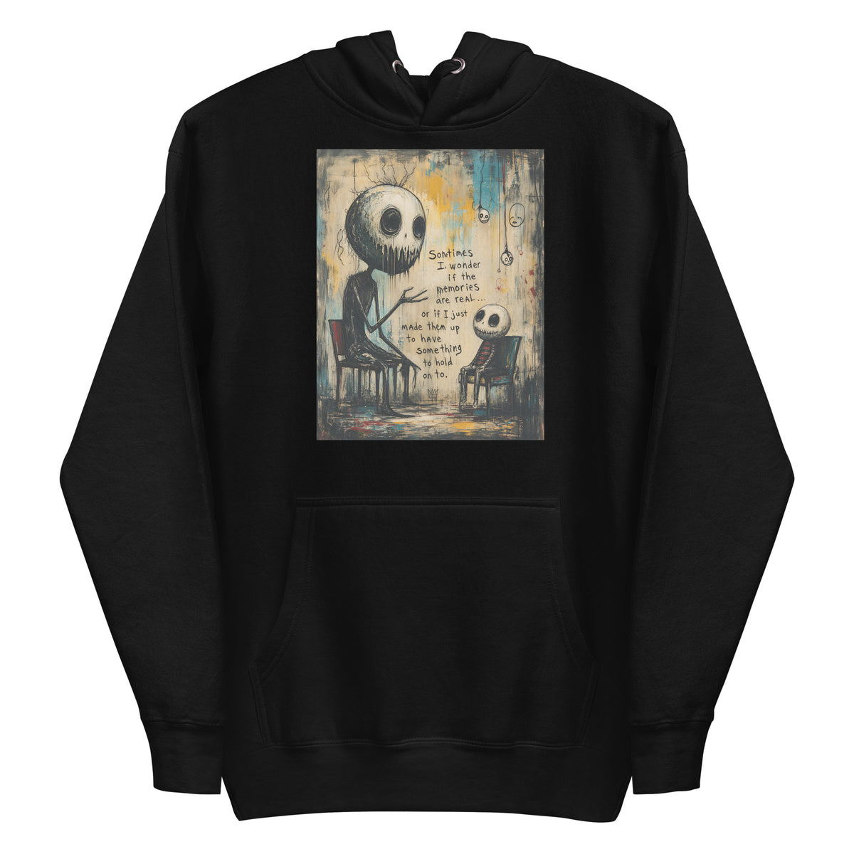 Black pullover hoodie with the 'Memories' goth graphic: two skull-faced figures sitting in chairs, with the words "Sometimes I wonder if the memories are real"