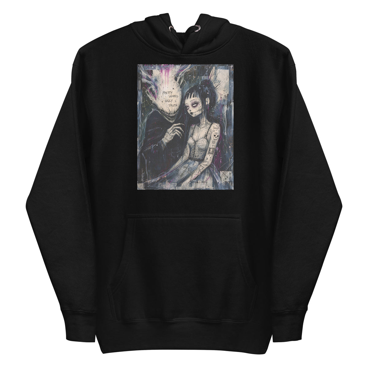 Black pullover hoodie with the 'Pretty Words' goth graphic: a pale goth bride beside a shadowy creature, with the words "Pretty words, ugly truth"