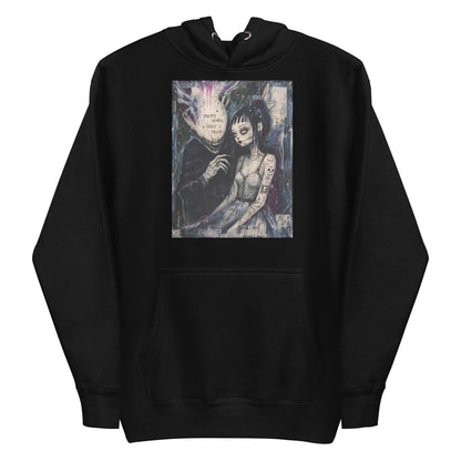 Black pullover hoodie with the 'Pretty Words' goth graphic: a pale goth bride beside a shadowy creature, with the words "Pretty words, ugly truth"