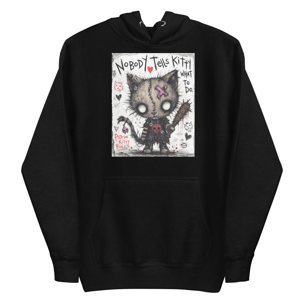 Black pullover hoodie with the 'Kitty' goth graphic: a stitched zombie cat holding a spiked bat, with the words "Nobody tells Kitty what to do"
