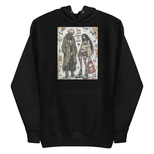 Black pullover hoodie with the 'Your Skin Awakens My Spirit' goth graphic: a grunge zombie couple standing together, with the words "Your skin awakens my spirit"