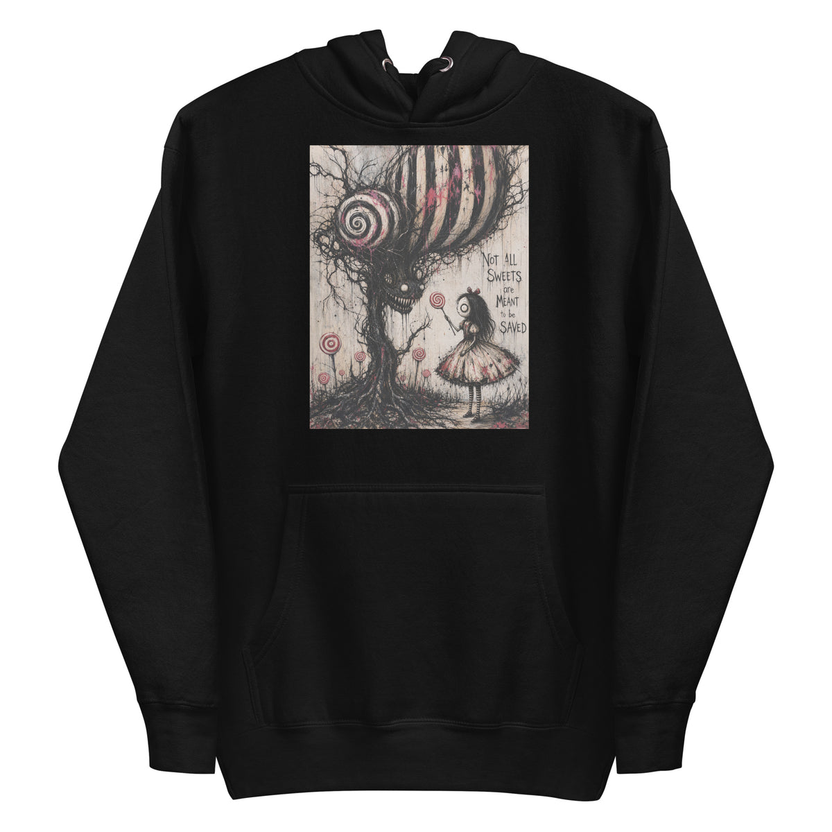 Black pullover hoodie with the 'Sweet Tooth' goth graphic: a girl with a lollipop facing a creepy candy-striped tree monster, with the words "Not all sweets are meant to be saved"