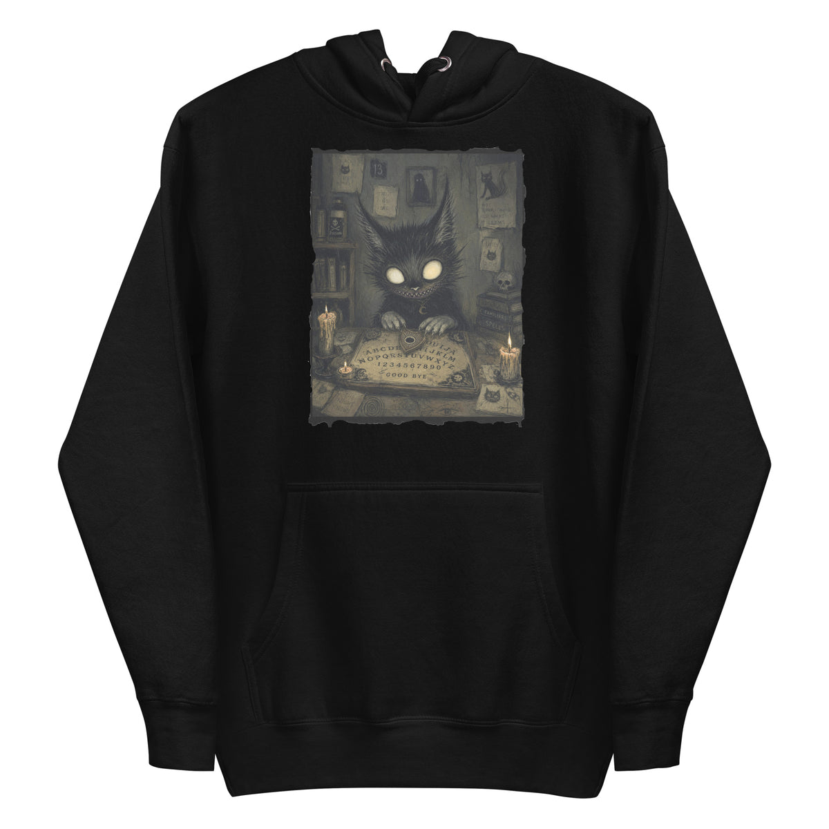 Black pullover hoodie with the 'Free Readings' goth graphic: a wide-eyed black cat creature at a Ouija board surrounded by candles
