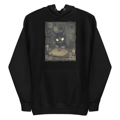 Black pullover hoodie with the 'Free Readings' goth graphic: a wide-eyed black cat creature at a Ouija board surrounded by candles