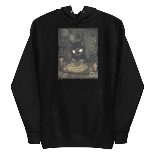 Black pullover hoodie with the 'Free Readings' goth graphic: a wide-eyed black cat creature at a Ouija board surrounded by candles