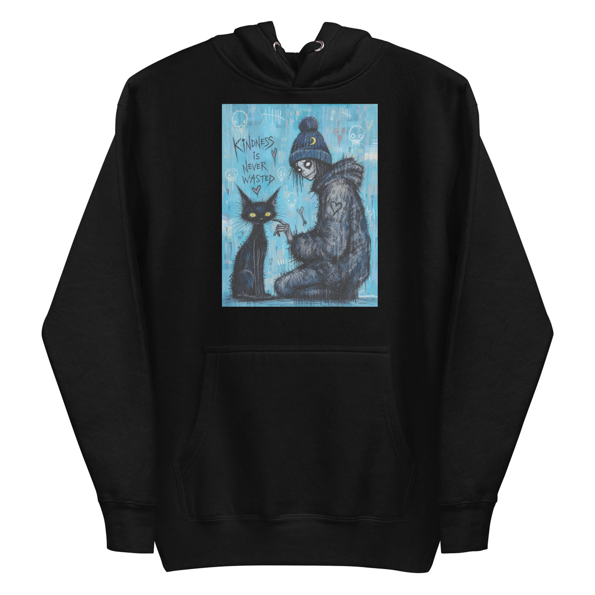 Black pullover hoodie with the 'Kindness Is Never Wasted' goth graphic: a girl in a moon beanie petting a black cat on a blue background, with the words "Kindness is never wasted"