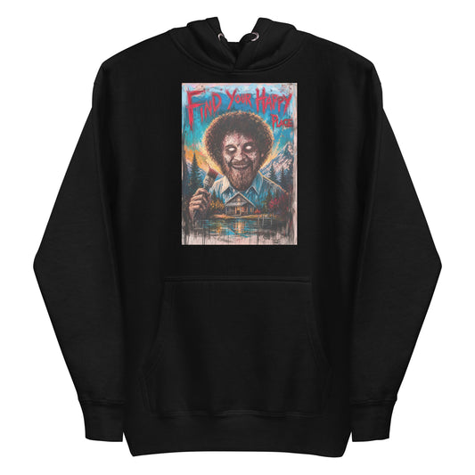 Black pullover hoodie with the 'Find Your Happy Place' goth graphic: a zombie painter with a curly afro holding a paintbrush in front of a lakeside cabin, with the words "Find your happy place"