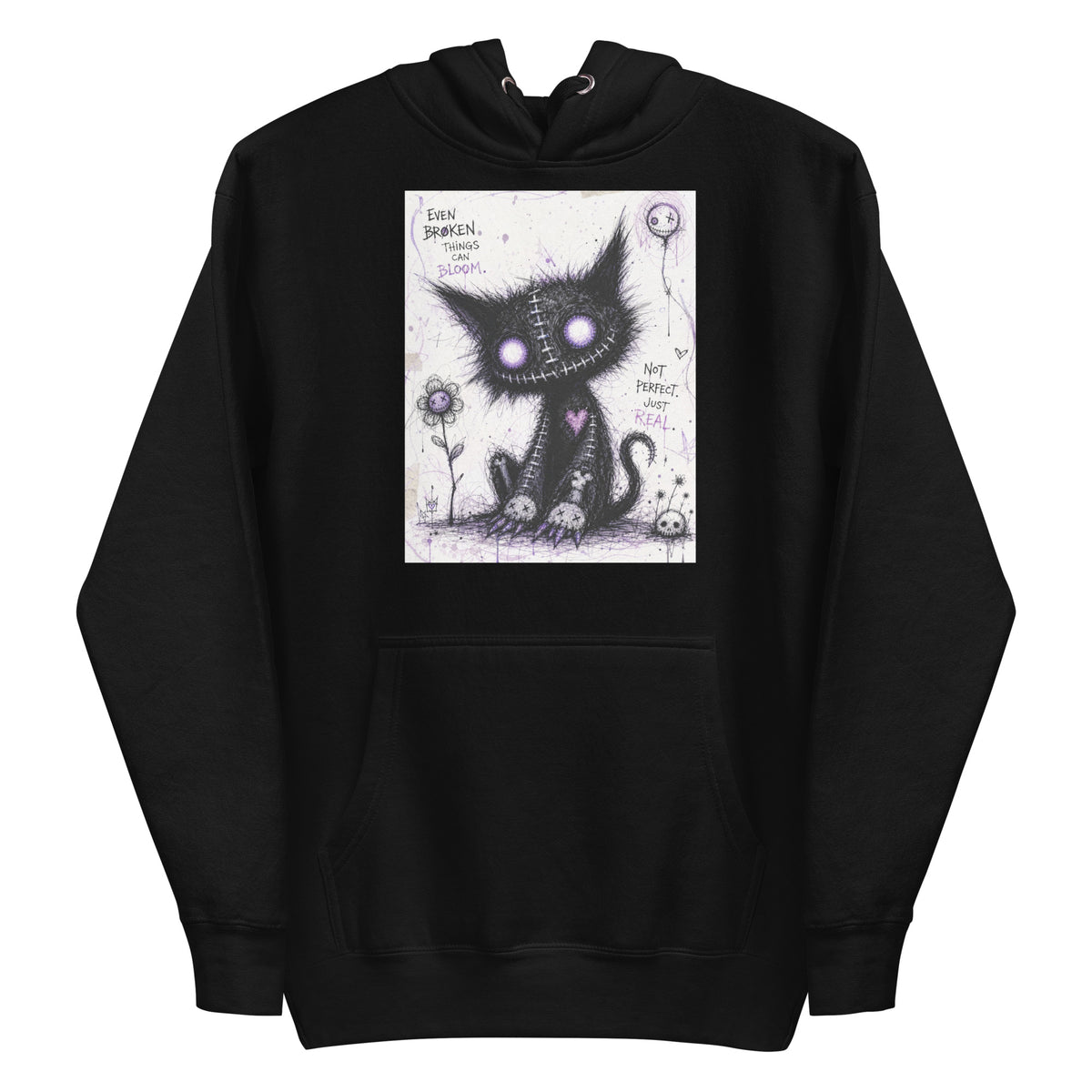 Black pullover hoodie with the 'Even Broken Things Can Bloom' goth graphic: a stitched black cat with glowing purple eyes beside a flower, with the words "Even broken things can bloom"