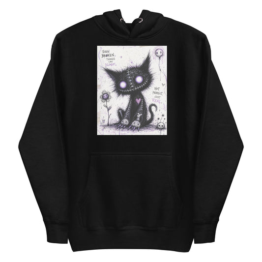 Black pullover hoodie with the 'Even Broken Things Can Bloom' goth graphic: a stitched black cat with glowing purple eyes beside a flower, with the words "Even broken things can bloom"