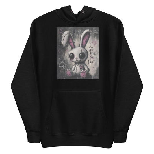 Black pullover hoodie with the 'I See Things You Don't' goth graphic: a stitched white bunny with hollow eyes, with the words "I see things you don't"