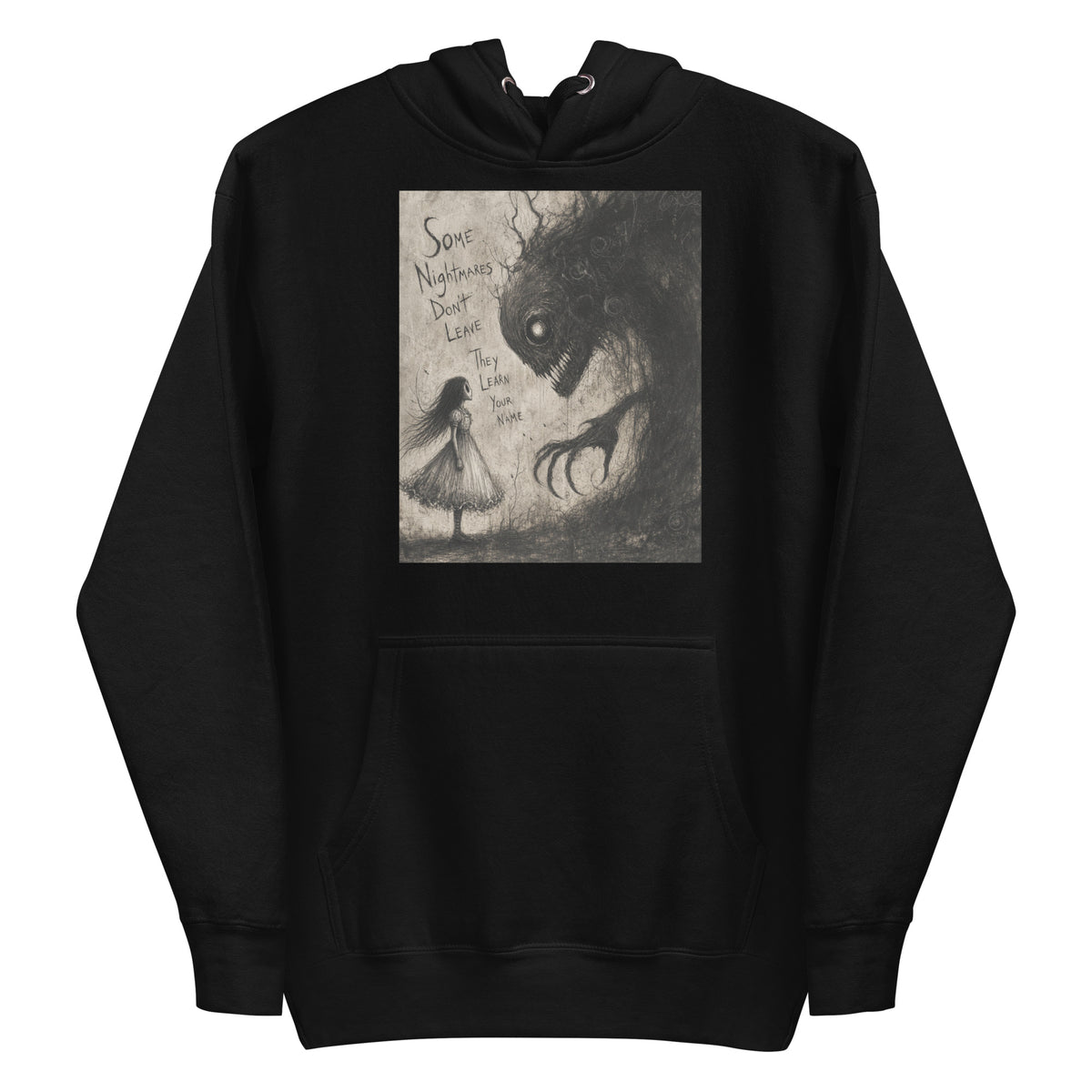 Black pullover hoodie with the 'Nightmares' goth graphic: a girl in a white dress facing a shadowy clawed monster, with the words "Some nightmares don't leave, they learn your name"