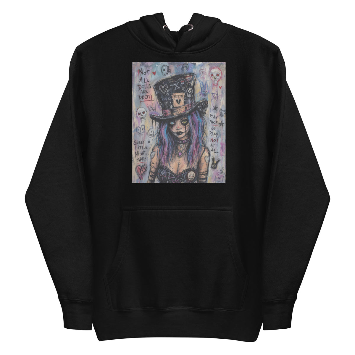 Black pullover hoodie with the 'The Real Alice' goth graphic: a goth girl with blue and purple hair in a patched top hat, with the words "Not all dolls are pretty"