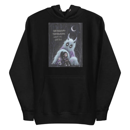 Black pullover hoodie with the 'The Haunted' goth graphic: a little goth girl holding a candle beside a fuzzy blue monster under a crescent moon, with the words "Not everything that haunts you wants to hurt you"