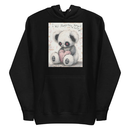 Black pullover hoodie with the 'Always Got Your Back' goth graphic: a stitched panda-style teddy bear holding a pink heart, with the words "I will always have your back no matter what"