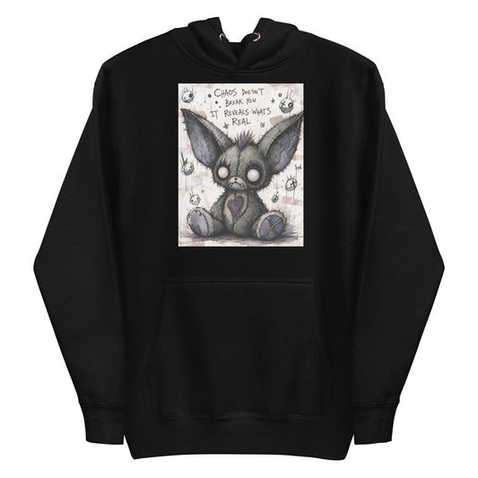 Black pullover hoodie with the 'Chaos' goth graphic: a stitched gray big-eared creature with button eyes, with the words "Chaos doesn't break you, it reveals what's real"