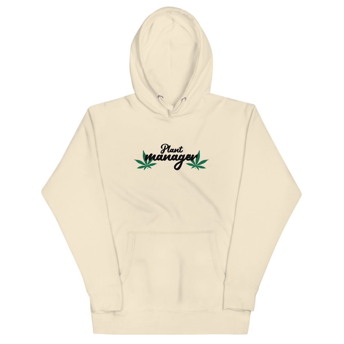 Unisex hoodie in cream with Plant Managers logo on chest and kangaroo pocket