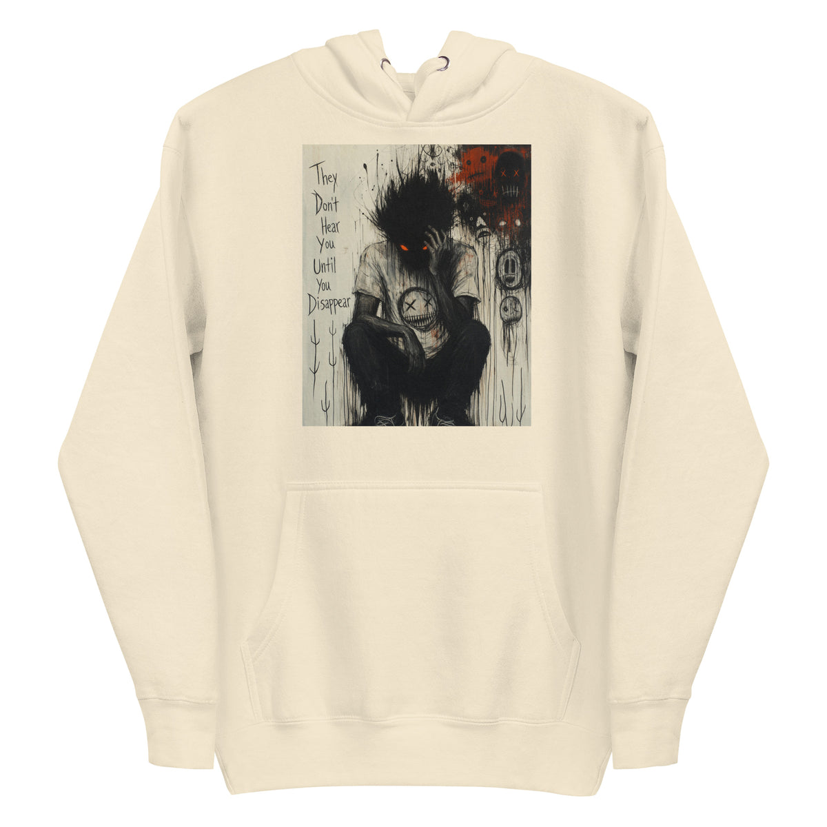 Bone pullover hoodie with the 'To Late' goth graphic: a shadowy, wild-haired figure with glowing red eyes hunched over, with the words "They don't hear you until you disappear"