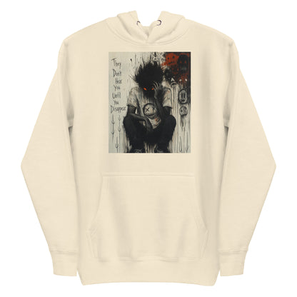 Bone pullover hoodie with the 'To Late' goth graphic: a shadowy, wild-haired figure with glowing red eyes hunched over, with the words "They don't hear you until you disappear"